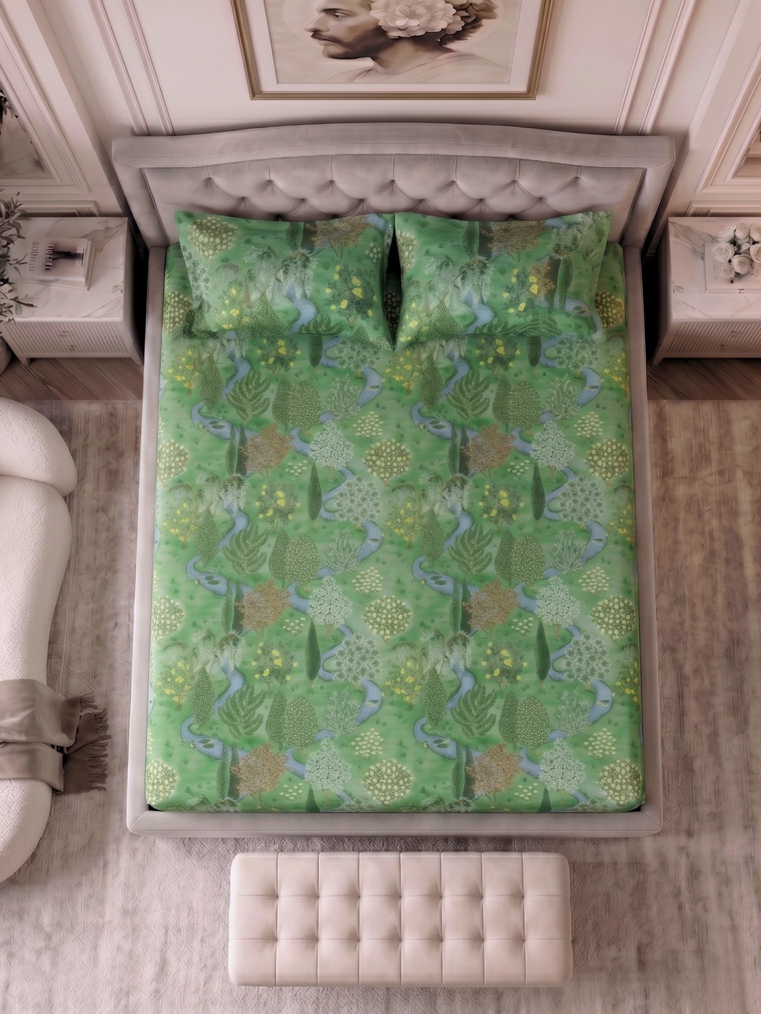 Bamboo Cotton Bedsheet Set – Green Countryside Toile