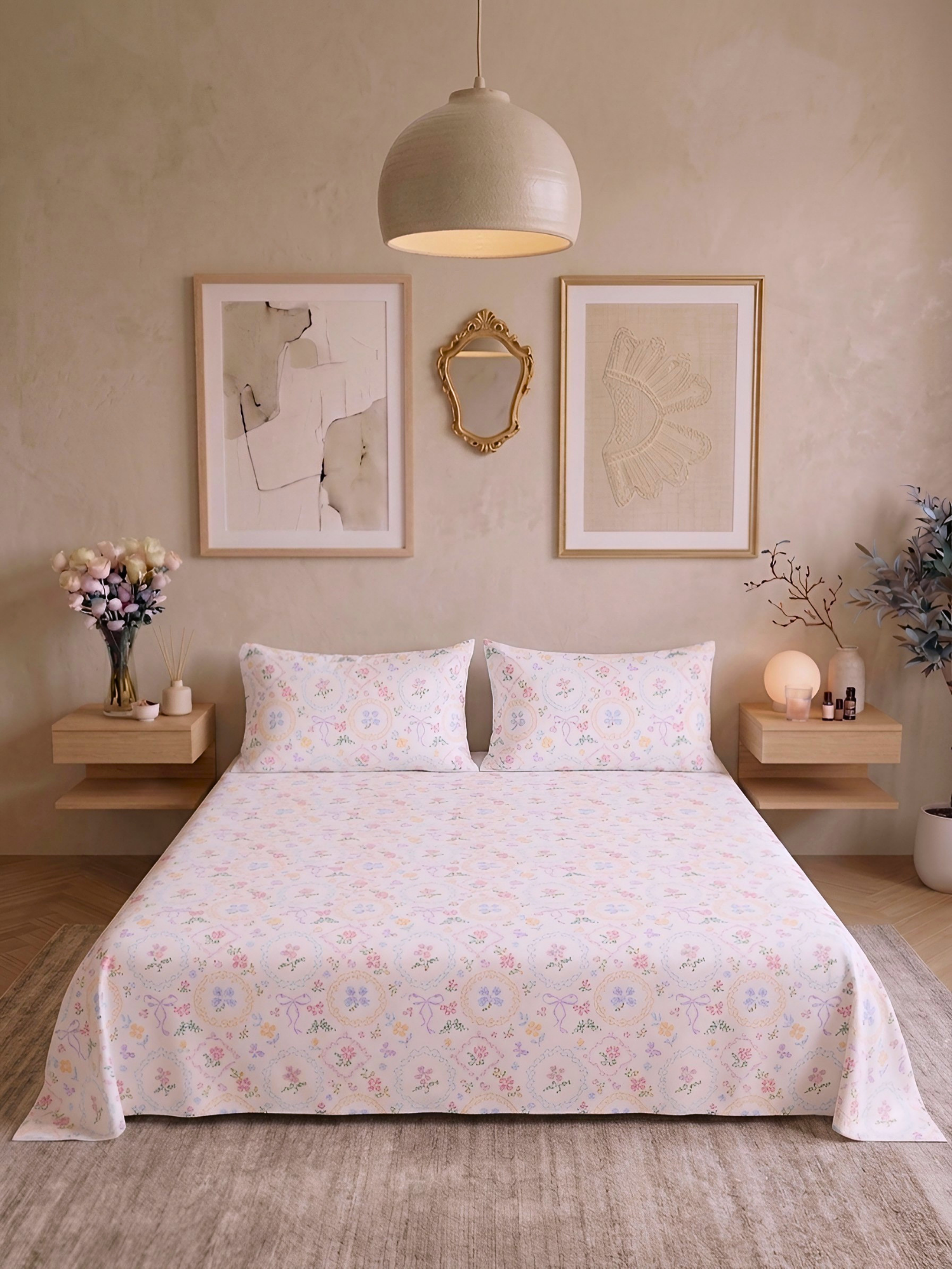 Bamboo Cotton Bedsheet Set – Floral Cross-Stitch