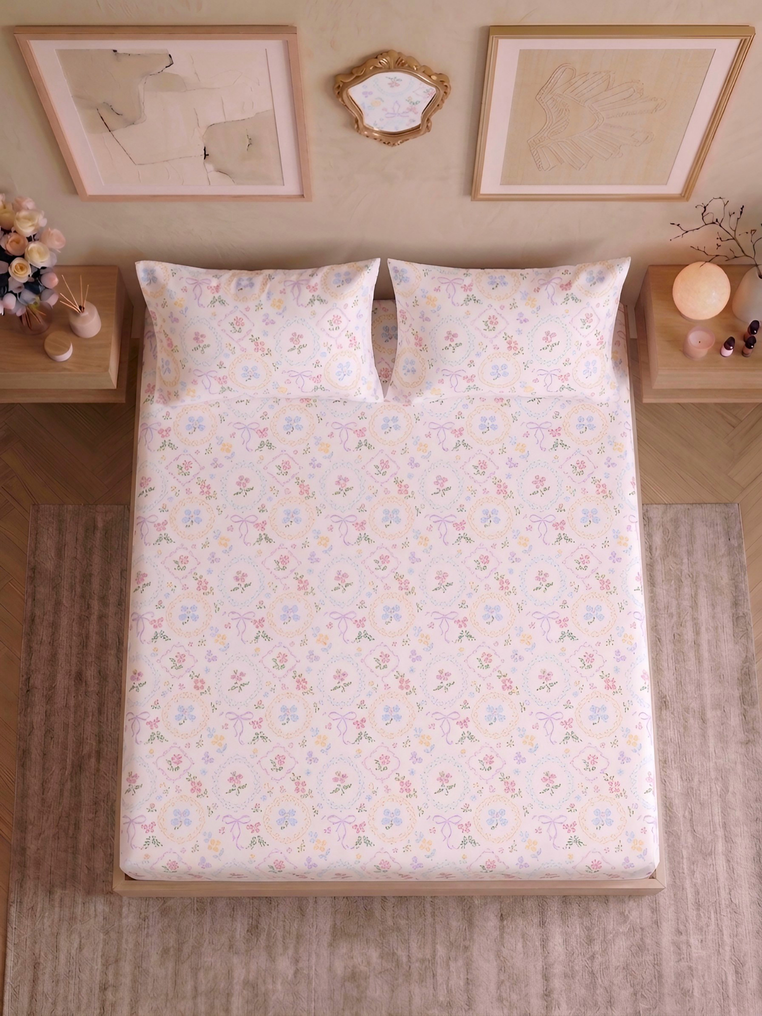 Bamboo Cotton Bedsheet Set – Floral Cross-Stitch