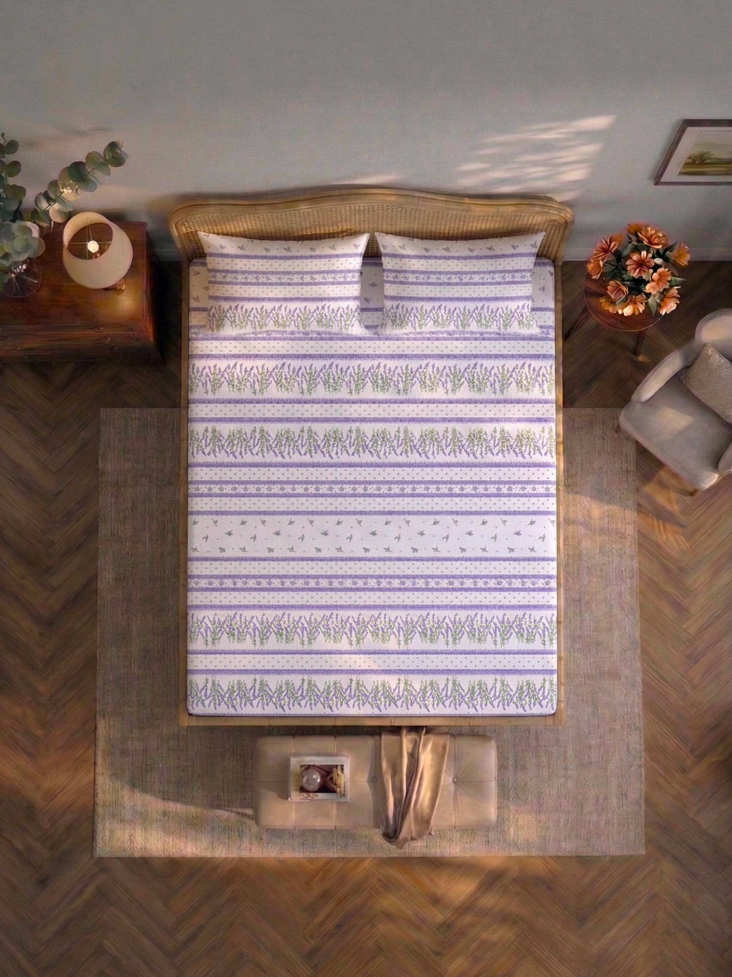 Bamboo Cotton Bedsheet Set – Lavender Garden Stripe