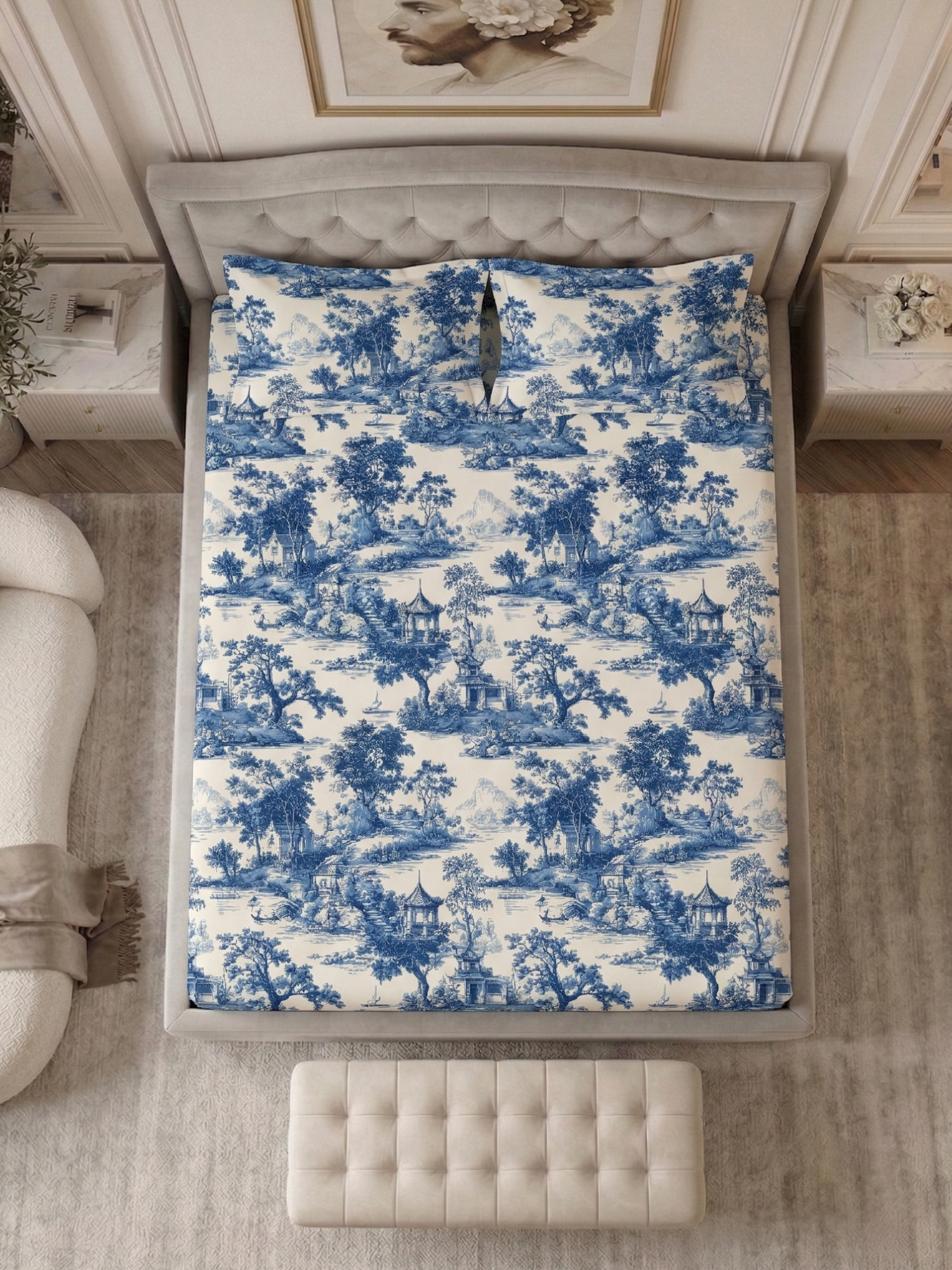 Bamboo Cotton Bedsheet Set – Blue Countryside Toile
