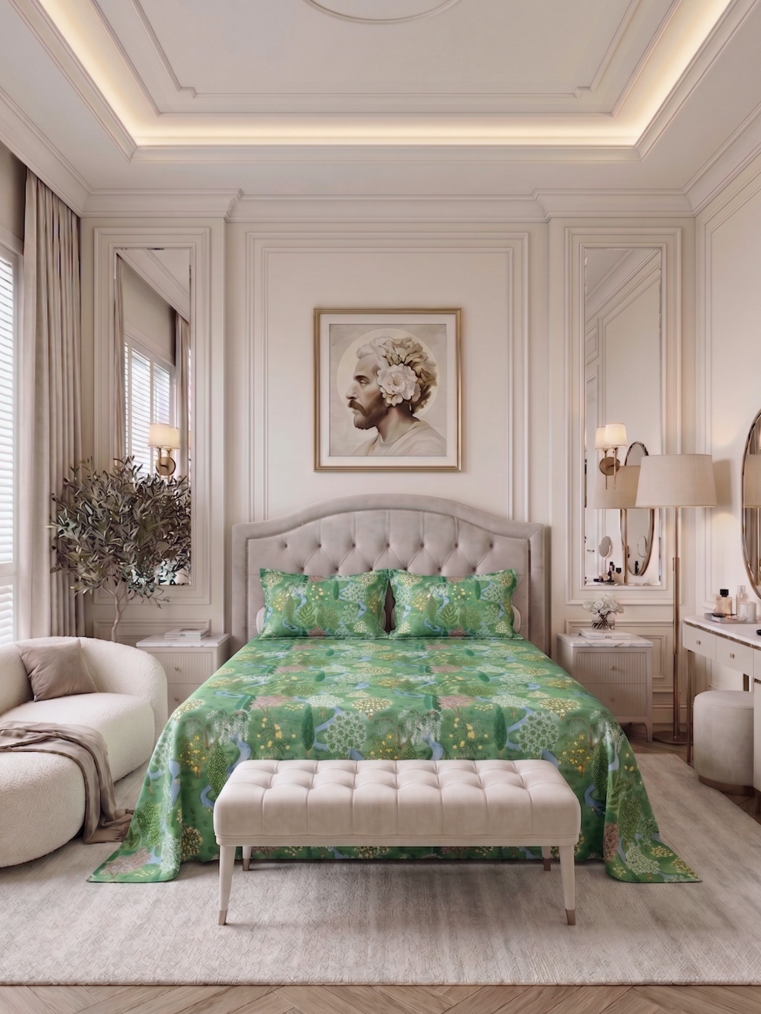 Bamboo Cotton Bedsheet Set – Green Countryside Toile