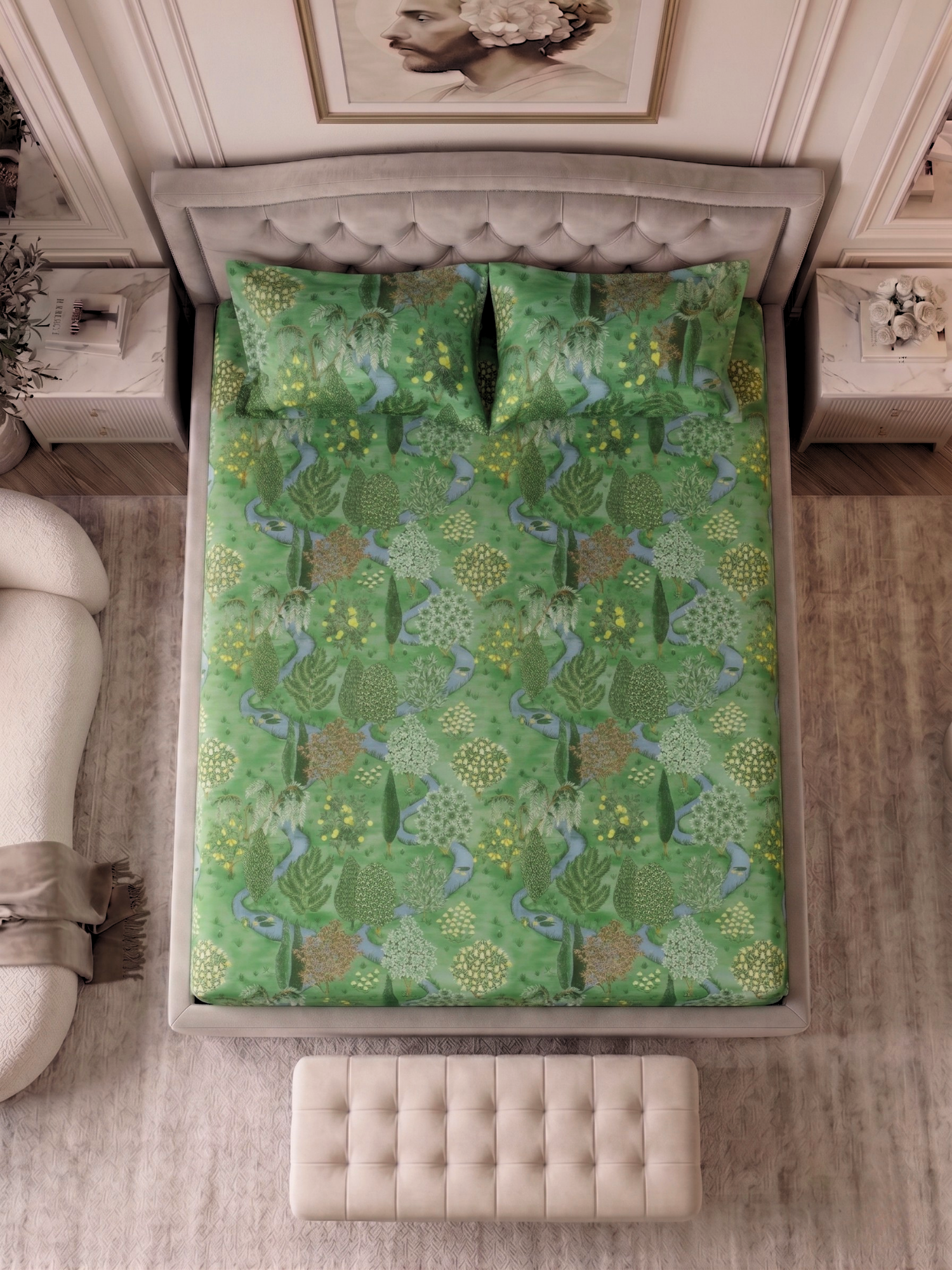 Bamboo Cotton Bedsheet Set – Green Countryside Toile