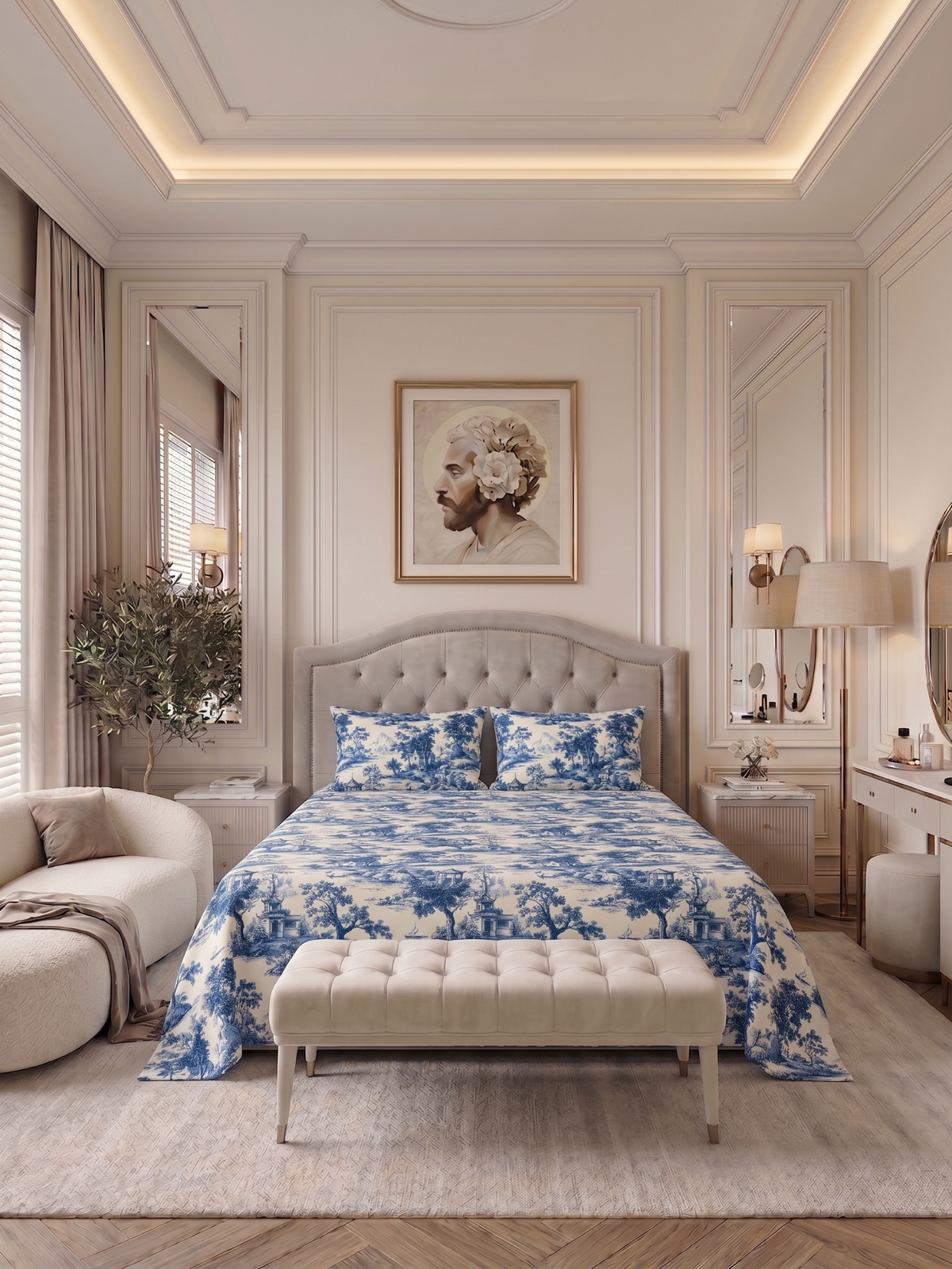Bamboo Cotton Bedsheet Set – Blue Countryside Toile
