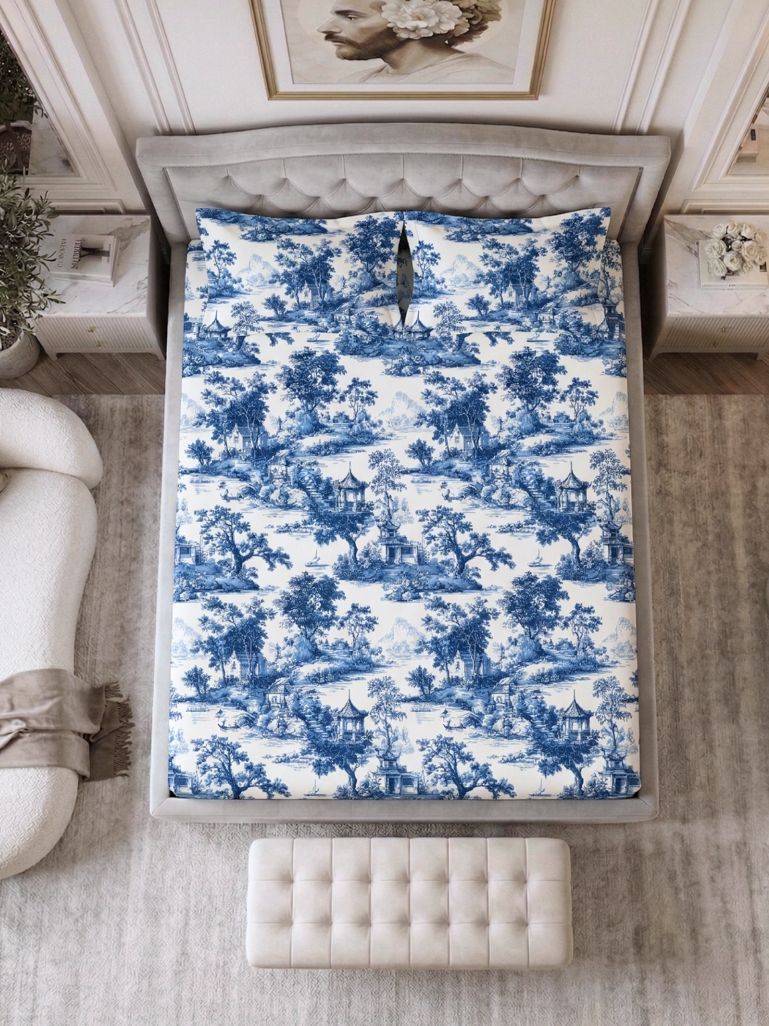 Bamboo Cotton Bedsheet Set – Blue Countryside Toile