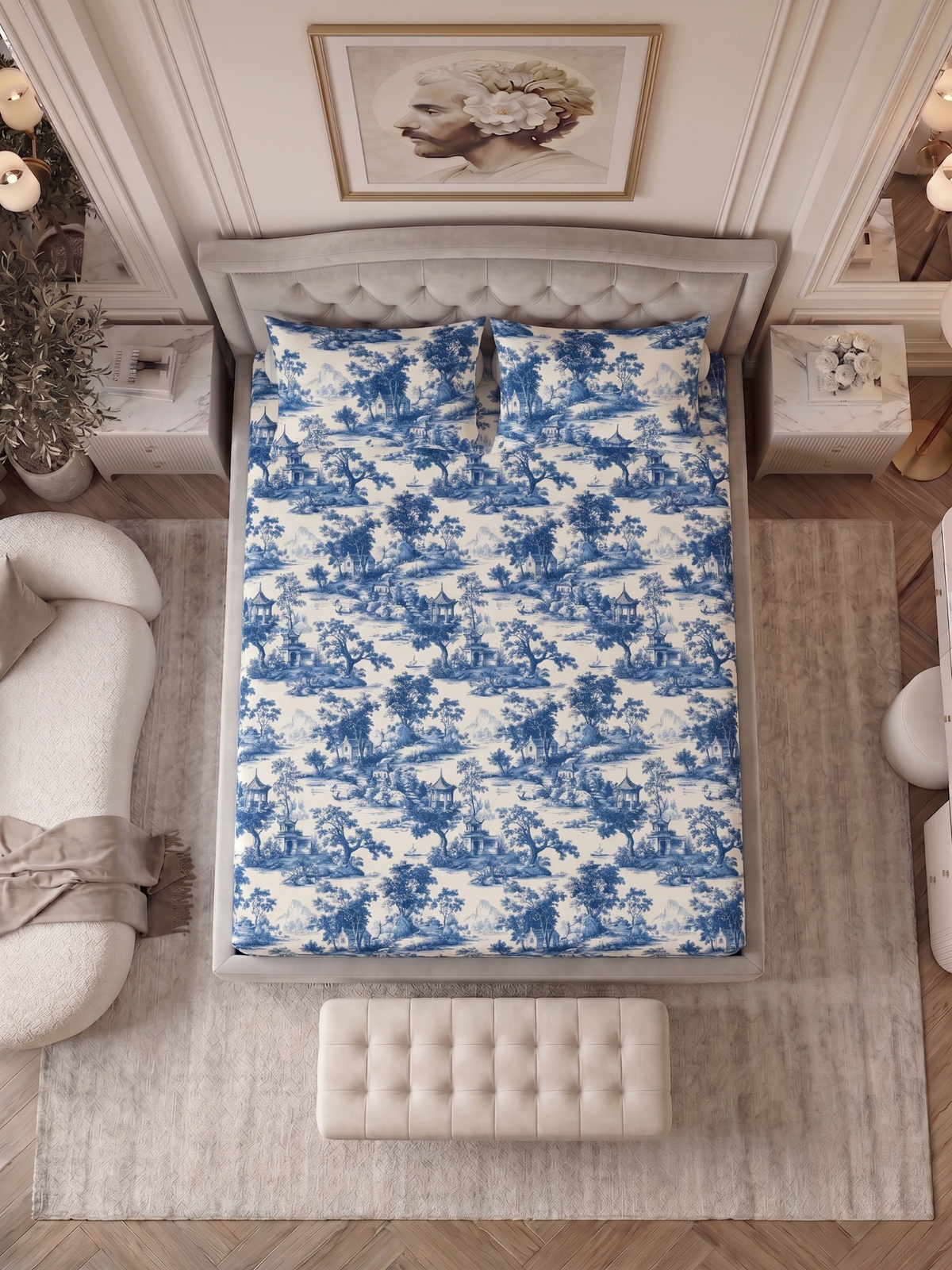 Bamboo Cotton Bedsheet Set – Blue Countryside Toile